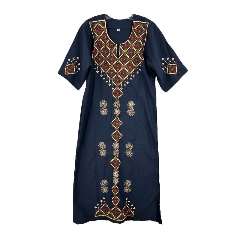 Boho Embroidered Tunic Dress Floral Design Short Sleeve‎ S Maxi